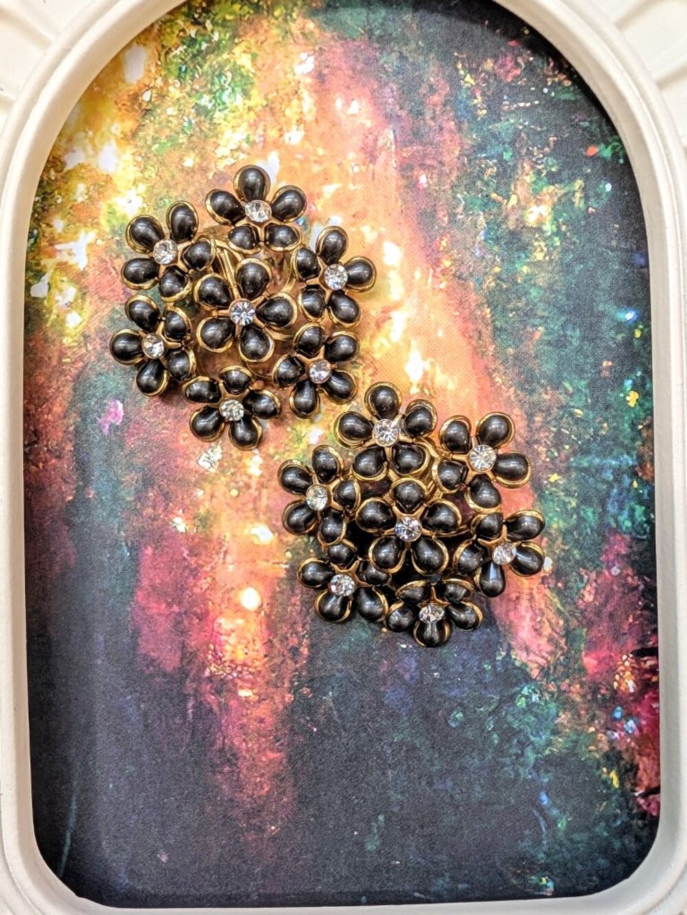 Vintage 1950's Black Enamel, Silver Rhinestone Floral Cluster Earrings